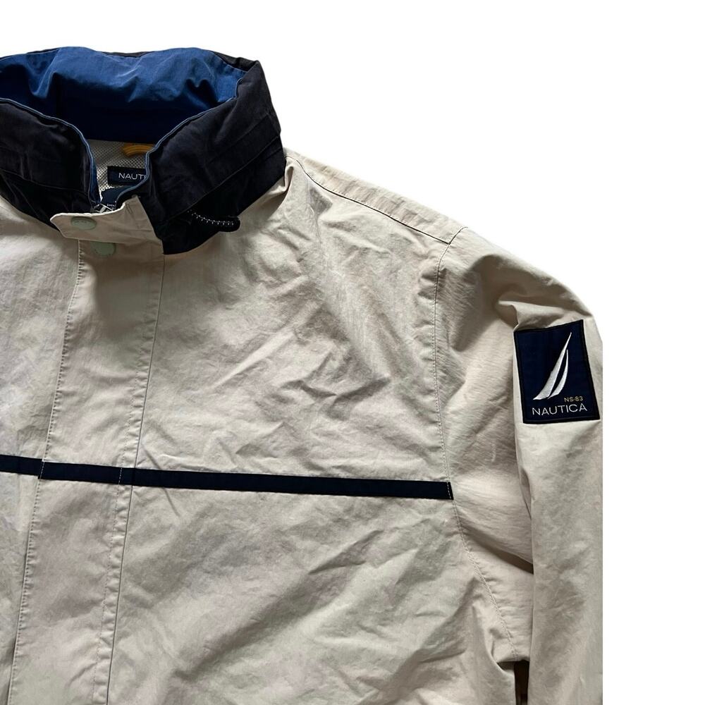 Vintage 90s Nautica NS-83 Beige Navy Hooded Windbreaker Jacket XXL Mesh Lined - Picture 6 of 8